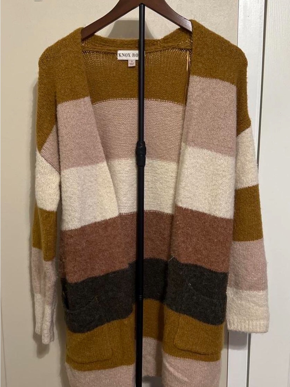 Knox Rose Mustard, Cream, Brown & Pink Striped Open Cardigan